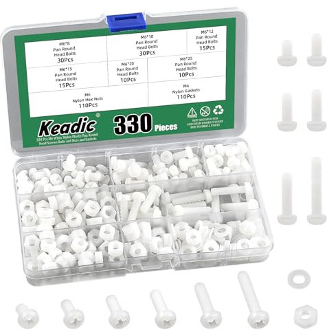 Keadic 330Pcs M6 White Nylon Plastic Pan Round Head Screws, Nylon Plastic Pan Round Head Screws Bolts and Nuts Nylon Pan Head Machine Screws Nut Washer Kit Nylon Pan Head Machine Screws for Fastening