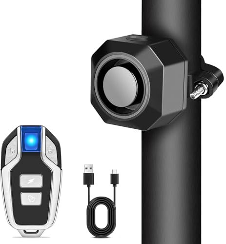 Cruxer Alarma de bicicleta con soporte, alarma de vibración antirrobo inalámbrica recargable por USB, volumen de 110 dB y sensibilidad ajustable, sistema antirrobo con control remoto
