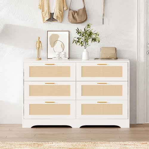 Generisch Rattan Kommode, Tv Schrank Vintage, Große Kommode Sideboard, Komode Schrank mit 6 Schubladen， Komodenschrank für Schlafzimmer, Wohnzimmer, Eingang, 120x40x77 cm (Weiß)