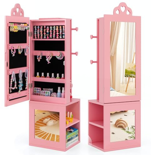 DREAMADE 4 in 1Kinderspiegel mit Schmuckschrank & Kleiderständer & Ablage, Kinderfreistehender Schmuckschrank aus Holz für Kinderzimmer (Rosa)