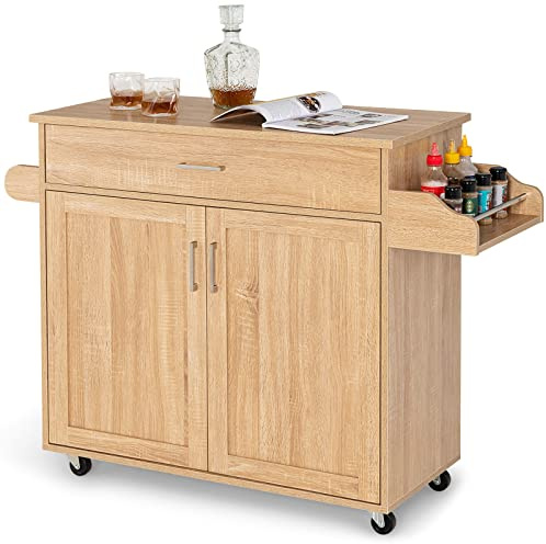 SOARS Desserte à roulettes Cuisine, Ilot Central Cuisine avec Rangement et Plan de Travail, Tiroir et Étagère Réglable, pour Micro-Ondes Porte-épices et Porte-Serviettes, 116 x 40 x 85 cm (Naturel)