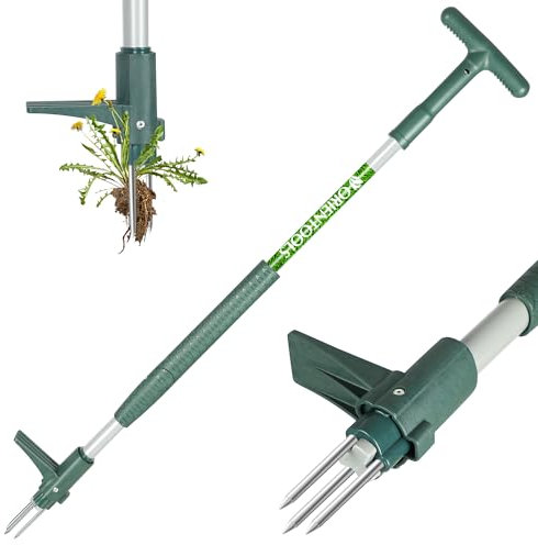 ORIENTOOLS Weed Puller Stand Up Weeder Hand Tool with 3 Claws for Dandelion, Steel Twist Hand Weed Root Pulling Tool, 39.4 Long Handle Lawn Easy Root Remover Garden Tool with T-Grip, Forest Green
