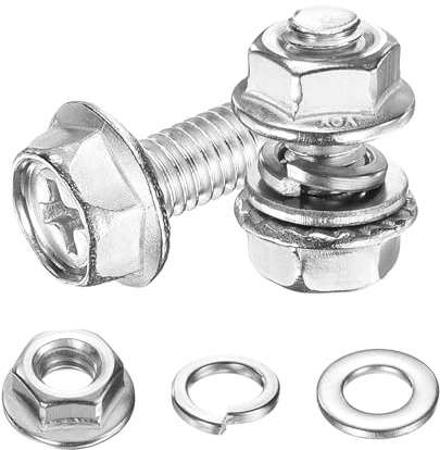 sourcing map Tornillos de cabeza hexagonal con brida M6 x 14 mm, 10 tornillos hexagonales de brida de acero inoxidable 304 con tuercas, arandelas planas y de bloqueo, totalmente roscados, para la