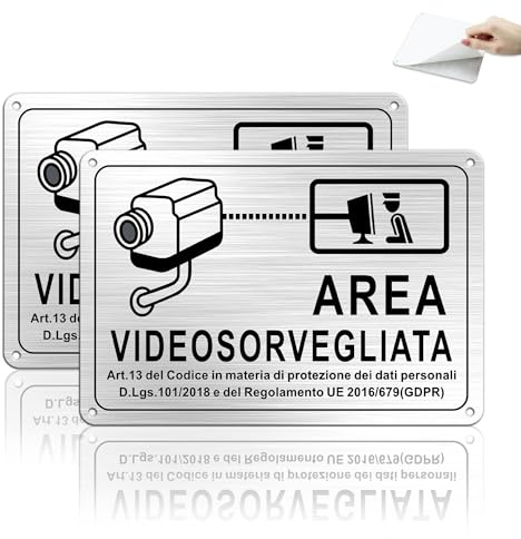 TAKULA Cartelli Videosorveglianza 22x15cm 2 Pezzi – Cartelli Sicurezza | Include cartello casa videosorvegliata e area videosorvegliata. Alluminio Satinato. Ideale per esterno e protezione domestica