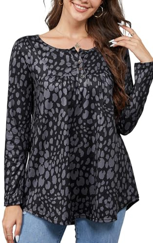 Enmain tunika toppar för kvinnor vardaglig långärmad blus tunika topp för damer rund hals långärmade blusar skjortor plus size swing tunika knapp upp, S4-svart/mörklila, M