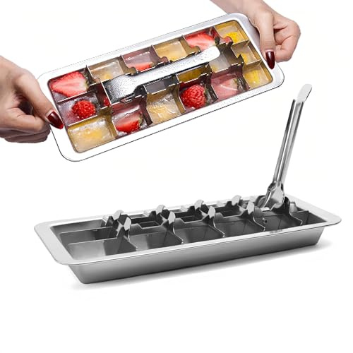 Eiswürfelform Edelstahl 18-fach mit Hebe, Lebensmittelecht & Spülmaschinenfest Ice Cube Tray, Edelstahl Eiswürfelform für DIY Quadra Eiswürfel, Schnellere Eisbildung, Plastikfreie Eiswürfelbehälter