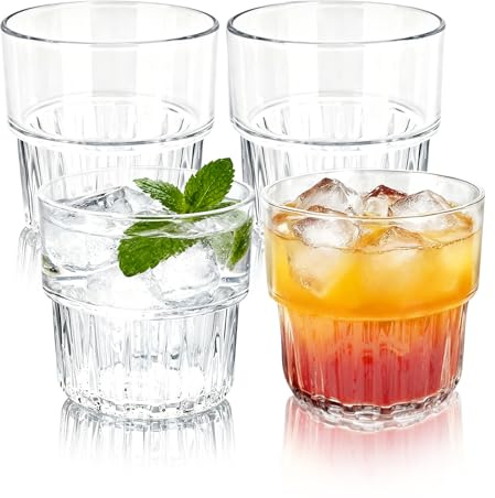 SHILIPAIJC 4 Piezas Vasos de Cristal Agua 300ml, Vasos Plastico Duro Transparente, Vasos Bajos Vasos de Agua y de Whisky para Cerveza, Zumo, Leche, Té, Aguas, Aptos para Lavavajillas