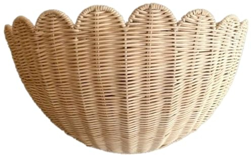 Wicker Hanging Basket, Rustic Scalloped Wall Hanging Woven Basket for Fruit/Vegetable/Plant/Toiletries in Kitchen/Bathroom/Living Room/14x6x8 Inch