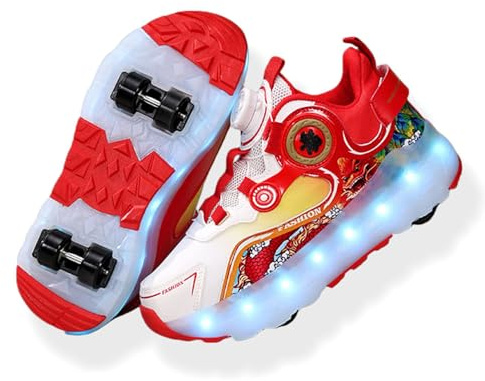 ENEN Chaussure Roller Fille, Mode Basket Roller pour Enfan, LED Lumières Chaussure a Roulette Garcon Fille Garçons Roues Basket a Roulette Adolescents pour Extérieur, 30-40 EU (Rouge,32)