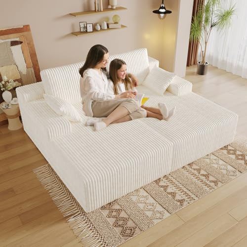Oversized Double Chaise Lounge Chair Indoor, Sleeper Sofa Couch Bed White Comfy Detachable Flannel Fabric Recliner Bed Upholstered with Throw Pillows for Living Room, Bedroom, Movie Gaming Room