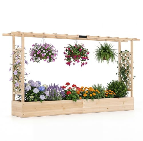 FANTASK 2-in-1 Hochbeet mit Spalier, Blumenkasten mit Rankhilfe & hängendem Dach, Pflanzkübel für Kletterpflanzen, hängende Körbe, Pflanzkasten für Garten, Hof Terrasse (Natur, 220x35x114 cm)