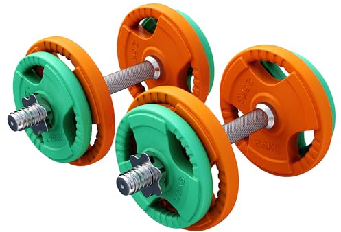 GORILLA SPORTS® Set di Manubri con Bilanciere - 20kg, 8 Dischi Rivestiti in Gomma, 2 Barre per Pesi 35cm, Chiusure a stella o molla, Colore Arancione Verde - Pesi Palestra, Fitness Dumbbells