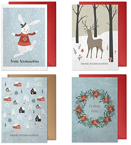 4er Weihnachtskarten Set mit Umschlägen: hochwertig, Nostalgie-Design für Kinder und Erwachsene (Schneehase, Elch/ Rentier, Skandinavische Winterlandschaft, Weihnachtskranz) | Recycling-Papier