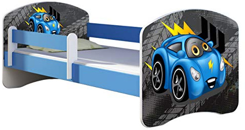 ACMA Kinderbett Jugendbett mit Einer Schublade und Matratze Blau mit Rausfallschutz Lattenrost II 140x70 160x80 180x80 (04 Blaue Auto, 160x80)
