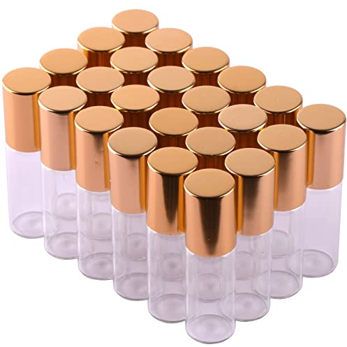 maxmau Rullflaskor för eteriska oljor, 24 stycken, 5 ml, transparent glas med öppnare, tratt