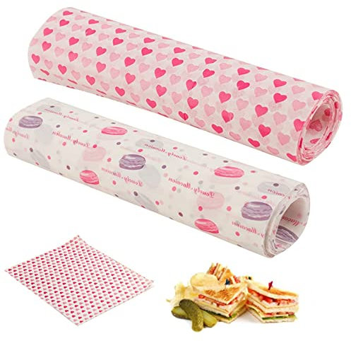 100 Pieces Wax Paper Beeswax Natural Beeswax Roller Beeswax Wraps Set Food Paper Waterproof and Anti-Adhesive Red Heart Macaroons Pattern for Hamburger Snacks Sandwich Bread