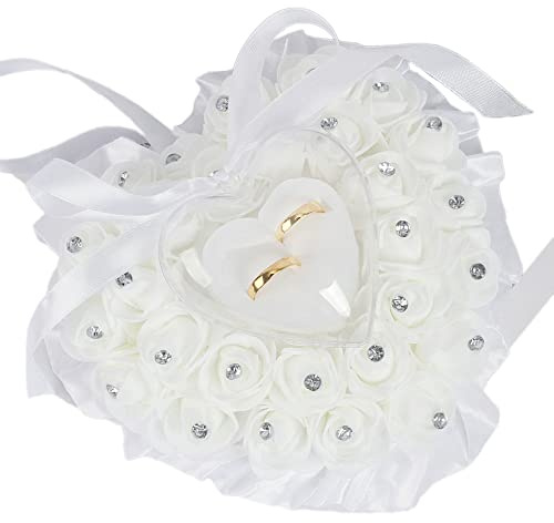 Wambere Hochzeit Ringkissen,Ringkissen Gastgeschenk Ringkasten Hochzeit Ringbox Hochzeitsringkissen,romantische Rosen-Herzform, Hochzeits-Ringkissen, Geschenk-Halter, Deko,18x19cm,Weiss