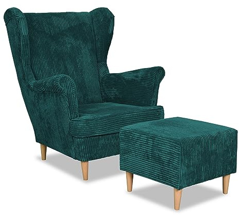 Family Meble Ohrensessel Cord mit Hocker, Modell Bonito, Skandinavisch, Relaxsessel aus Webstoff, Loungesessel, Sessel mit Fußstütze, Bequemer Sessel, Für Wohnzimmer, Esszimmer, Schlafzimmer, Grün
