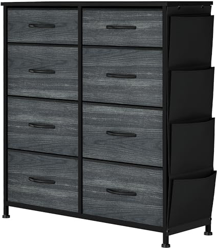 YITAHOME Commode avec Poches latérales et Crochets, Commode à 8 Tiroirs en Tissu Meuble de Rangement avec Dessus en Bois pour Chambre à Coucher, Salon,Grain de Bois Noir
