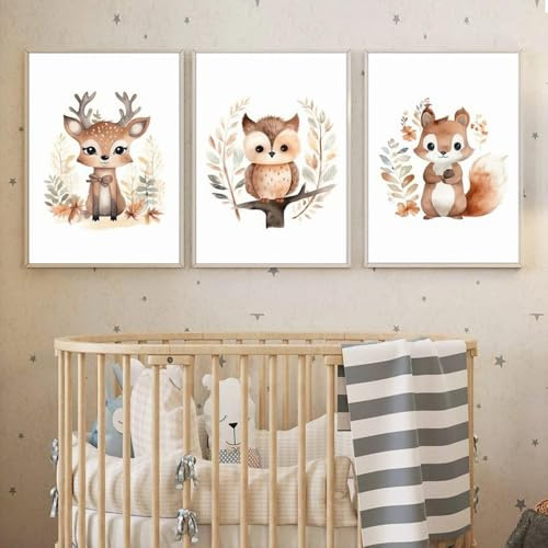 Youihom 3 Bilder Babyzimmer Tiere Eichhörnchen Eule Hirsch Braun Poster Safari Kinderzimmer 30x40 Wandbilder Baby Mädchen Junge Kinder Bild Leinwand ohne Rahmen