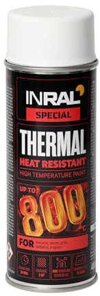 INRAL Hitzebeständiger Lack Weiß –Auspufflack Weiß Matt für Metalloberflächen - Langlebige, Hitzebeständige Farbe – 400 ml Schnell Trocknender Ofenlack Weiß Matt für Heimwerker