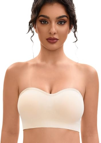 YHGV Strapless Bras for Women-Push-Up Non-Slip Bandeau Bra,Seamless Wirefree Padded Tube Top Convertible Straps Bralette Beige