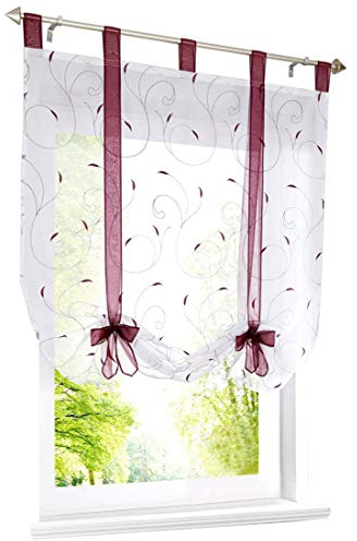 Raffrollo mit Stickerei Band Raffgardinen Voile Transparent Schlaufen Vorhang (BxH 100x140cm, Beere)