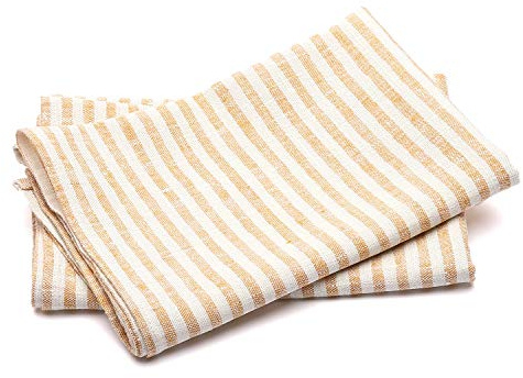 LinenMe Set mit 2 Geschirrtuch Leinen 100%, 46x65 cm Brittany - Leinentuch mit Aufhänger - Geschirrtücher & Küchentücher in Gold gestreift, Hergestellt in Litauen