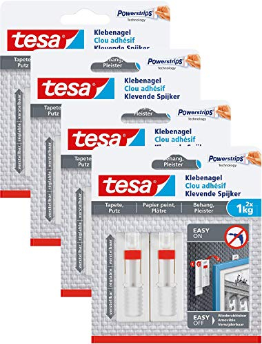 tesa Verstellbarer Klebenagel für Tapeten und Putz/Selbstklebender Nagel Powerstrips / 8 x 1 kg Halteleistung