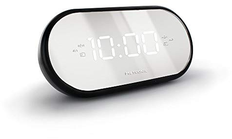 Metronic 477037 Radio-réveil FM Miroir Double Alarme avec Fonctions Sleep/Snooze, luminosité réglable, Sonnerie Progressive et Piles de Sauvegarde de l'heure Noir