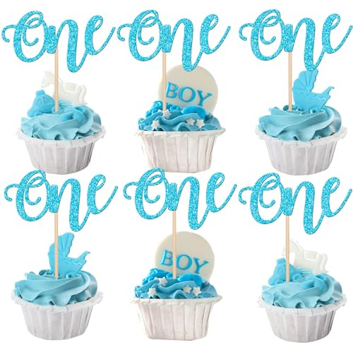 SYKYCTCY 24 Pack One Cupcake Toppers Glitter Baby First Birthday Party Cupcake Food Picks Decorations for Baby Shower Boys Girls Kids 1st Birthday Party Cake Decorations Supplies Blue