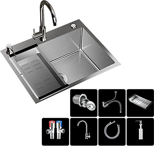 Fregadero Cocina 1 Senos Fregadero Doble Acero Inoxidable Cuadrado con 3 Orificios Incluyendo Juego de Rebosadero y Desagüe Sobre Encimera Fregadero Moderno con Accesorios (B 2)