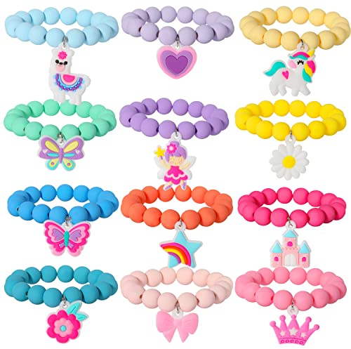 PinkSheep Rainbow Bracelet Colorful Beaded Bracelets for Little Girls Basket Stuffers Unicorn Butterfly Bunny Charm Bracelets Bead Jewelry Cute Elastic Bracelets Party Favors