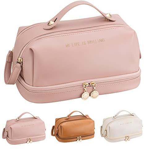 Kosmetiktasche mit großer Kapazität, doppellagig, Reise-Make-up-Tasche, PU, tragbar, wasserdicht, Kulturbeutel für Damen und Mädchen, rose