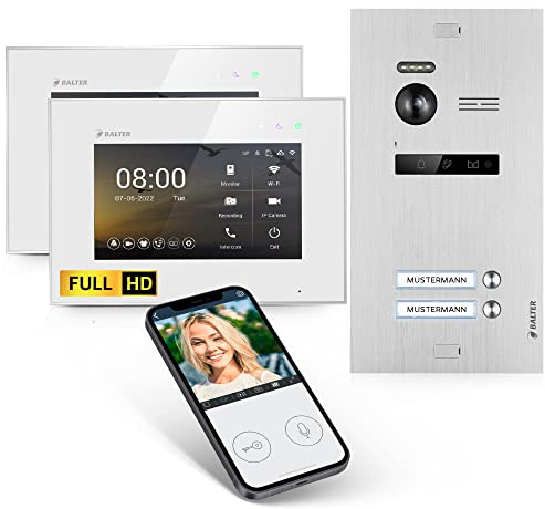 Balter EVO-HD Video Türsprechanlage, Video Türklingel mit Kamera, 2 familienhaus Klingel, 7 Zoll HD Monitor, Full HD-Kamera, 2 Draht Bus, Gegensprechanlage mit 175° Weitwinkel