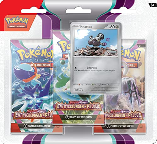Pokémon-Sammelkartenspiel: 3er-Pack (Knattox) Karmesin & Purpur – Entwicklungen in Paldea (3 Boosterpacks & 1 holografische Promokarte)