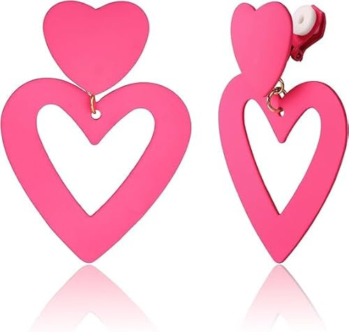 Jerywe Boucles D'Oreilles Clip Longues Double Coeur Pendantes Rouges Rose Cadeaux Mode pour Valentine, Fête des Mères, Anniversaire