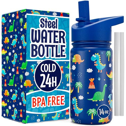 Klevly Stainless Steel 14 OZ Kids Water Bottle with Straw | BPA-Free Insulated Water Bottle with Leak-Proof Lid | Dinosaur Kids Water Bottle for School | Kids Stainless Steel Water Bottles