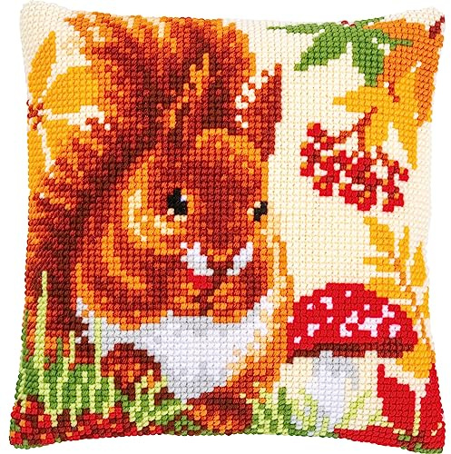 Vervaco Kreuzstich Stickpackungen Kissen Stickerei Set Anfänger Vorgedruckt Eichhörnchen im Herbst DIY Set Kreativ Set Für Erwachseneca. 40 x 40 cm Bastelset Handwerker Haus Dekoration