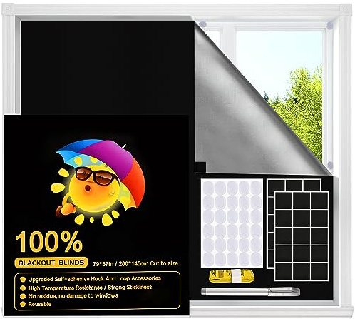 ERAESYAT Blackout Window Cover, Upgraded Hook and Loop - Portable Shades No Residue and Longer Lasting, 100% Blackout Blinds for Window 79″ x 57″, Black Out Curtains for Bedroom and Baby Room 2m