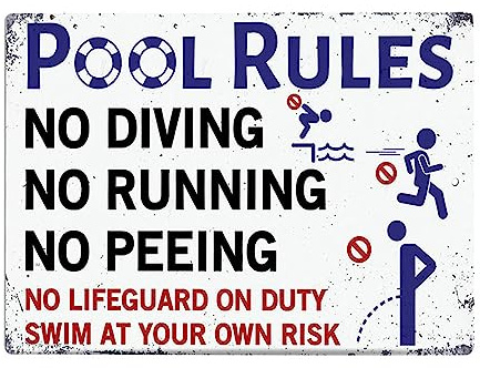Poolvarning metall plåtskylt, pool kunskap metall plåtskylt, poolregler planering utbildning, pool regler skylt för utomhus säkerhet gård varning dekorativa (01