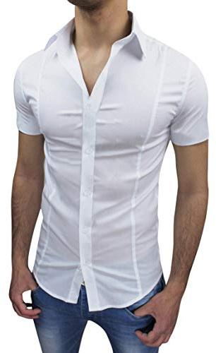 Evoga Camicia Uomo Slim Fit Estiva a Maniche Corte Aderente Elasticizzata (S, Bianca)