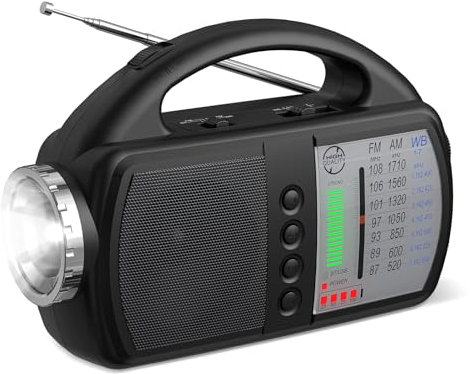 Audiocrazy AM FM NOAA Weather Radio,Portable Emergency Radio with Flashlight, Bluetooth 5.0, USB, AUX in Powered by Built-in Rechargeable Battery or 4 AA Battery for Home Indoor Black