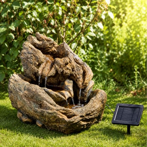 Festive Lights - Fontana a cascata ibrida a cascata di Wychwood Falls a energia solare e a batteria, effetto pietra marrone, in poliresina, per esterni, giardino, ornamentale, 1175000
