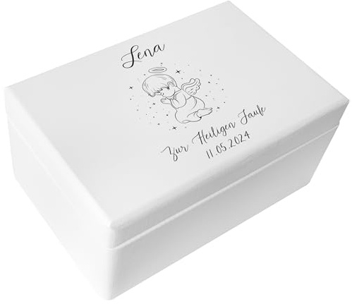 Creative Deco Weiß Personalisiert zur Taufe Geschenk für Mädchen und Junge | Engel Motiv | Holzkiste Erinnerungsbox Deko | Individuelles Geschenk Spielzeugkiste Holzbox mit Deckel | Spardose