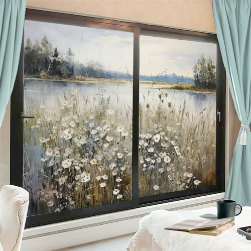 Abstrakte Wildblumen-Sichtschutz-Fensterfolie, weiße Gänseblümchen, Landschaft, Buntglas-Fensterabdeckungen, kein Kleber, statische Haftung, Fensterfolie für Zuhause, Büro, Geschäfte, 90 x 160 cm, 2