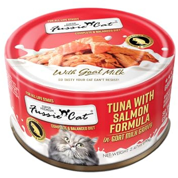 Fussie Cat Premium Canned Wet Cat Food in Goat Milk Gravy - 2.47 oz Cans - Case of 24 Cans (Tuna & Salmon)