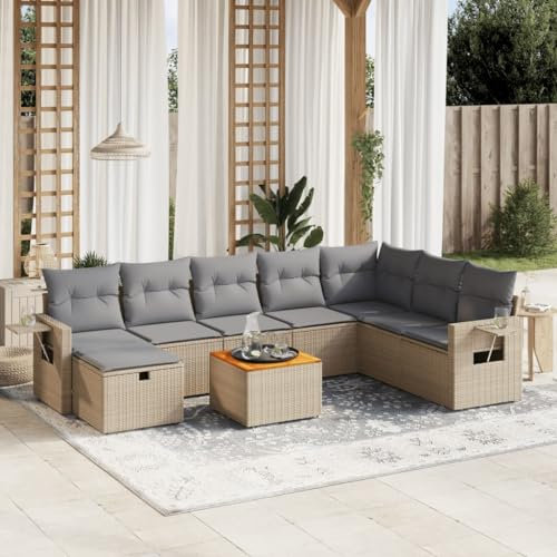 Rantry 9-TLG. Trädgårdsmöbler set med kuddar, trädgårdssoffa, balkongmöbler, trädgårdslounge, loungesoffa med trädgårdsbord, rottingsoffa, hörnsoffa, hörnlounge, sittgrupp, loungemöbler, beige, poly