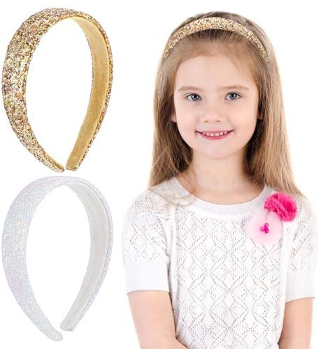 COMNICO 2 PCS Glitter Headbands for Girls, Cute Sparkly Wide Thick Head Bands Bling Non Slip Hairband Rainbow Sequin Little Girl Hair Accessories for Children Kids Women(White+Gold)