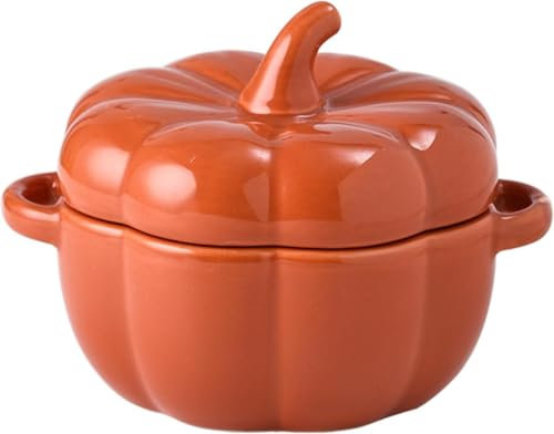 Pentola da forno olandese con coperchio, 400 ml, in ceramica, per la cottura, graziosa casseruola da dessert, a forma di zucca, mini casseruola a forma di zucca (arancione)
